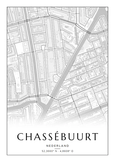 Poster van Amsterdam, de wijk Chassébuurt, stadsposter in de stijl Zwart-wit