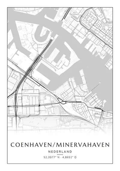 Poster van Amsterdam, de wijk Coenhaven/Minervahaven, stadsposter in de stijl Zwart-wit