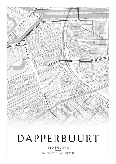 Poster van Amsterdam, de wijk Dapperbuurt, stadsposter in de stijl Zwart-wit