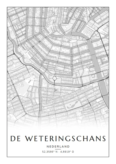 Poster van Amsterdam, de wijk De Weteringschans, stadsposter in de stijl Zwart-wit