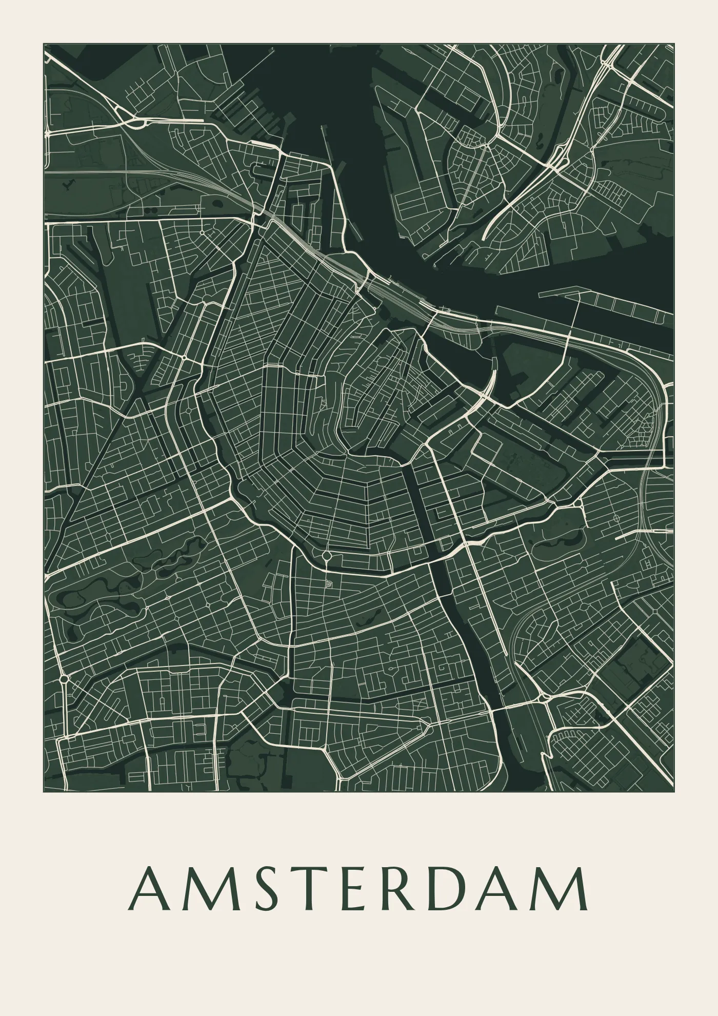 Poster van Amsterdam, de hele stad, stadsposter in de stijl Diep groen