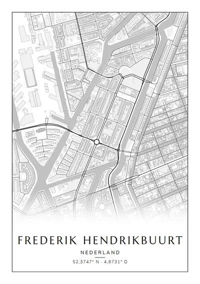 Poster van Amsterdam, de wijk Frederik Hendrikbuurt, stadsposter in de stijl Zwart-wit