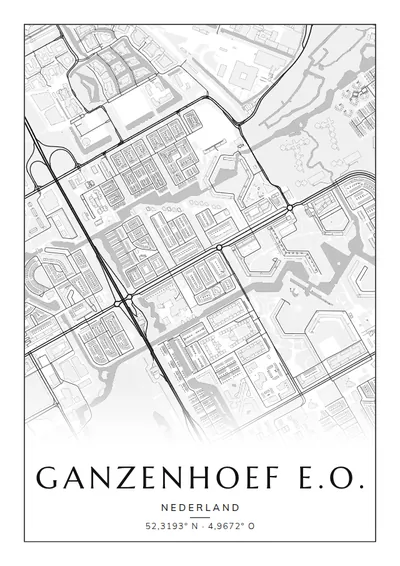 Poster van Amsterdam, de wijk Ganzenhoef e.o., stadsposter in de stijl Zwart-wit