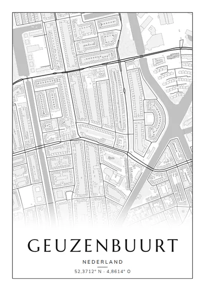 Poster van Amsterdam, de wijk Geuzenbuurt, stadsposter in de stijl Zwart-wit