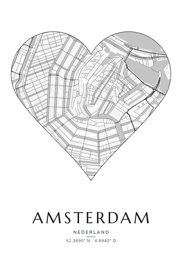 Poster van Amsterdam, de wijk Grachtengordel, stadsposter in de stijl Klassiek, uitgesneden als hart