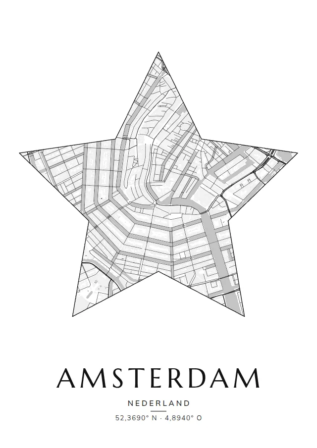 Poster van Amsterdam, de wijk Grachtengordel, stadsposter in de stijl Klassiek, uitgesneden als ster