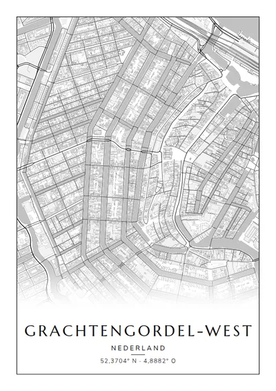 Poster van Amsterdam, de wijk Grachtengordel-West, stadsposter in de stijl Zwart-wit