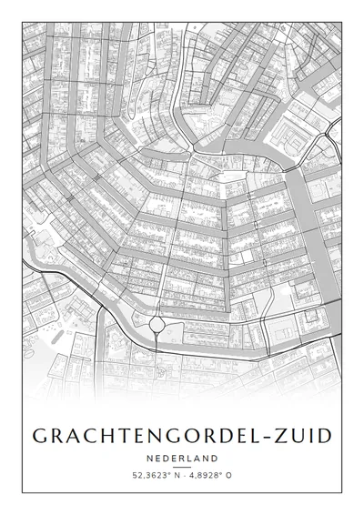Poster van Amsterdam, de wijk Grachtengordel-Zuid, stadsposter in de stijl Zwart-wit