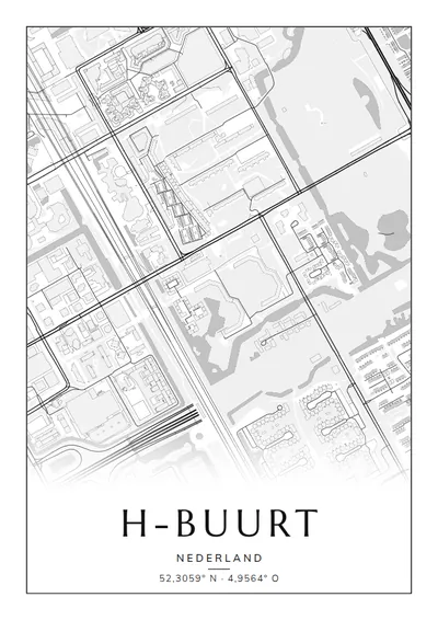 Poster van Amsterdam, de wijk H-buurt, stadsposter in de stijl Zwart-wit