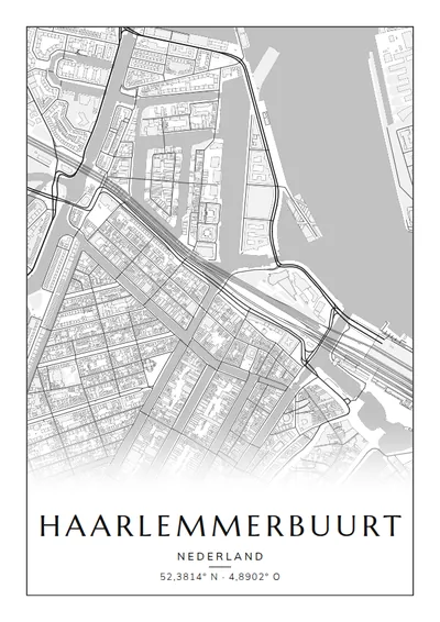 Poster van Amsterdam, de wijk Haarlemmerbuurt, stadsposter in de stijl Zwart-wit