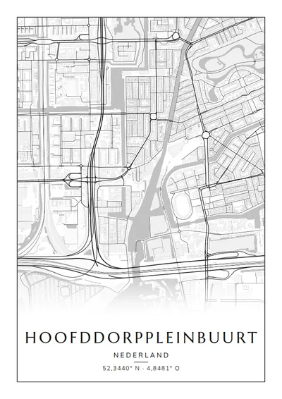 Poster van Amsterdam, de wijk Hoofddorppleinbuurt, stadsposter in de stijl Zwart-wit