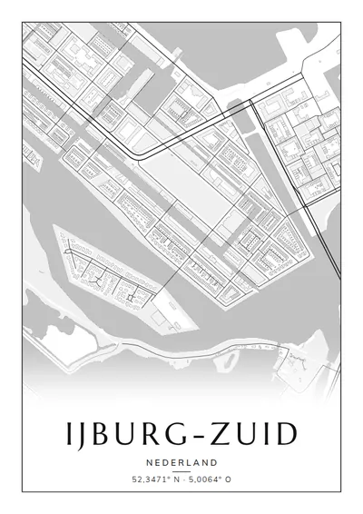 Poster van Amsterdam, de wijk IJburg-Zuid, stadsposter in de stijl Zwart-wit