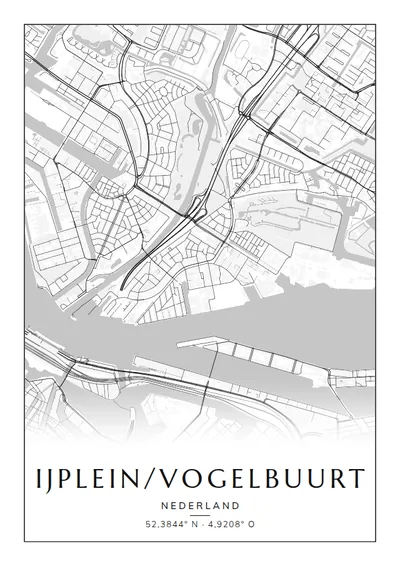 Poster van Amsterdam, de wijk IJplein/Vogelbuurt, stadsposter in de stijl Zwart-wit