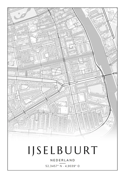 Poster van Amsterdam, de wijk IJselbuurt, stadsposter in de stijl Zwart-wit