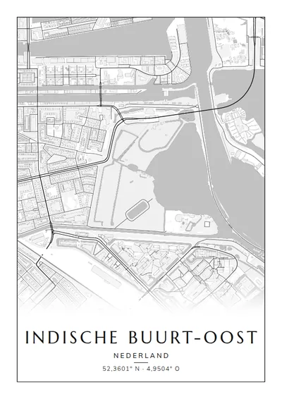 Poster van Amsterdam, de wijk Indische Buurt-Oost, stadsposter in de stijl Zwart-wit