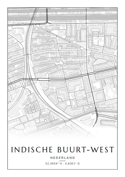 Poster van Amsterdam, de wijk Indische Buurt-West, stadsposter in de stijl Zwart-wit