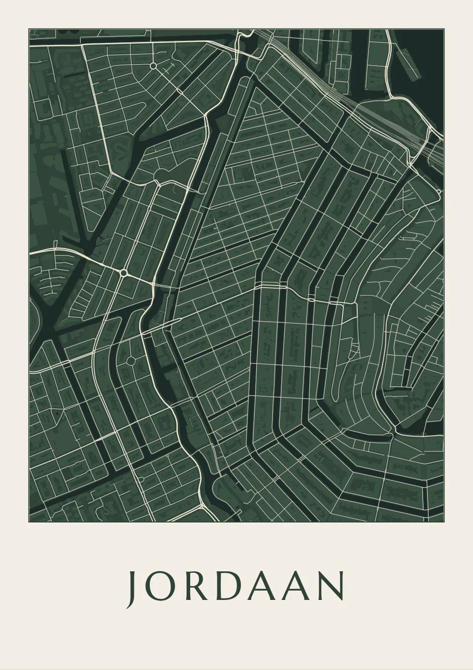 Poster van Amsterdam, de wijk Jordaan, stadsposter in de stijl Diep groen