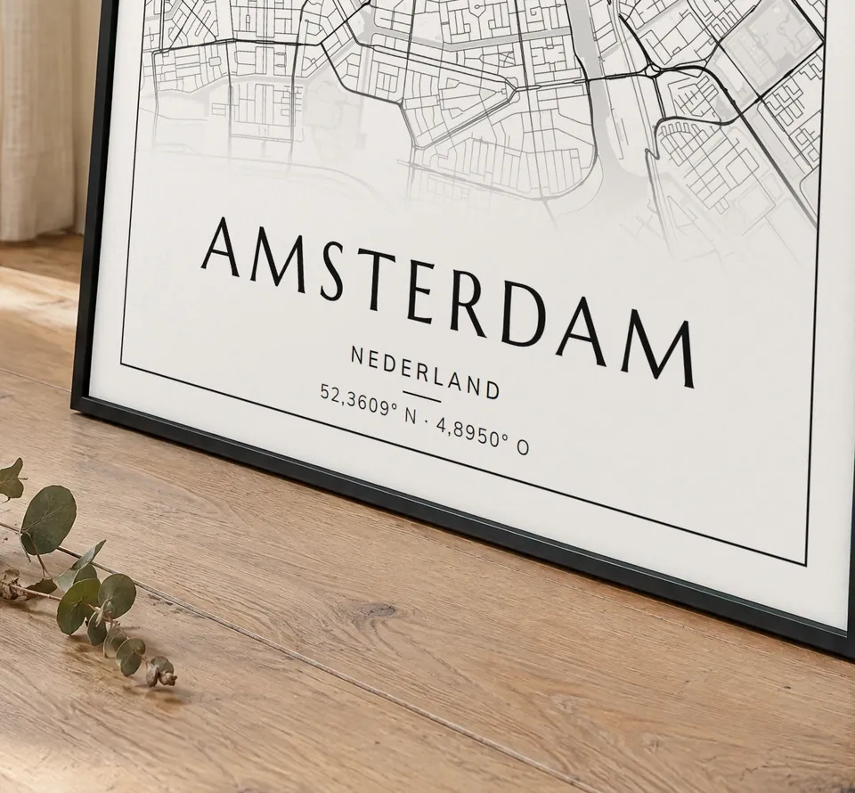 Poster van Amsterdam, de hele stad, stadsposter in de stijl Klassiek, in een zwarte lijst