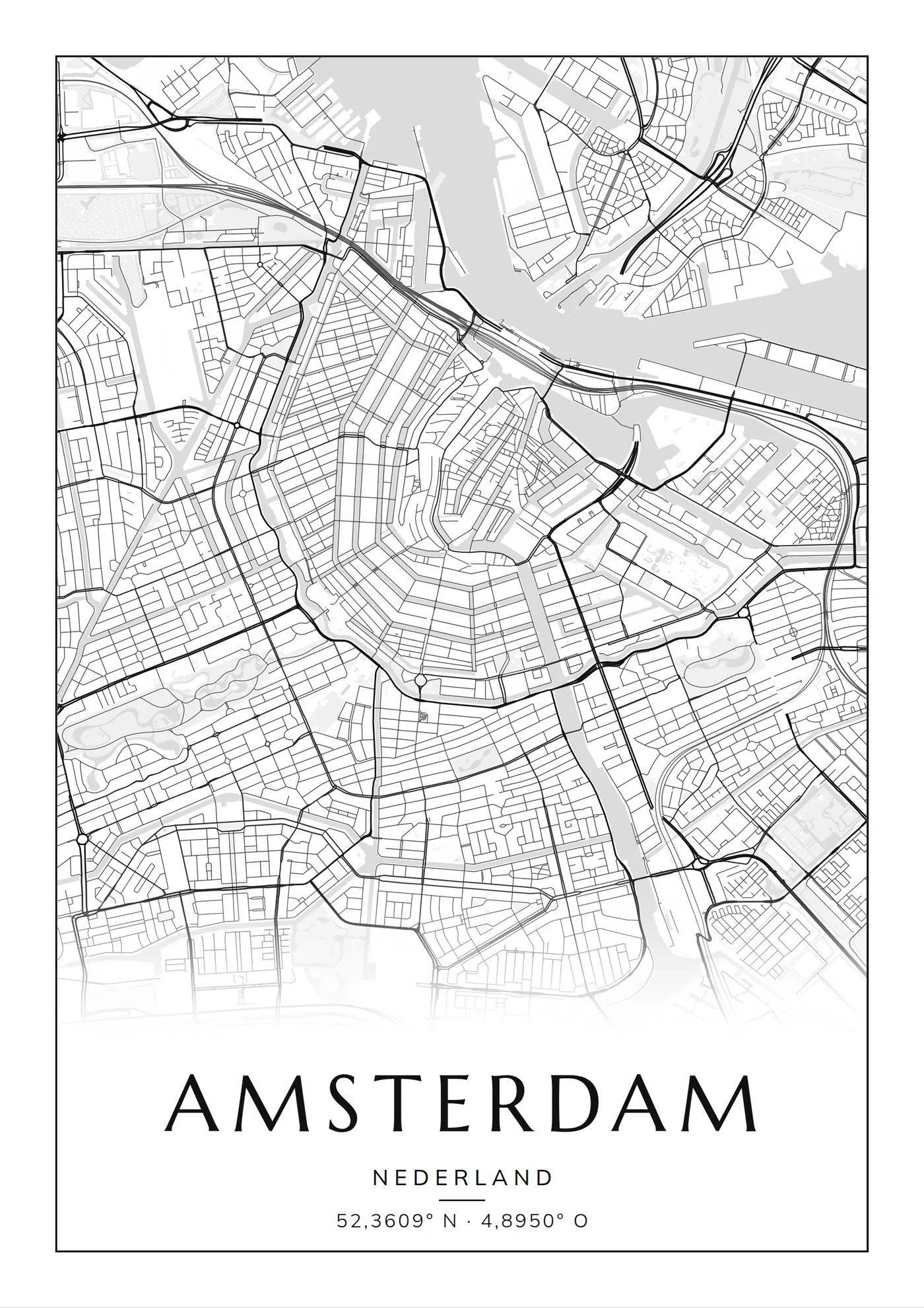 Poster van Amsterdam, stadsposter met de grachtengordel en het IJ in het ontwerp Blauw water