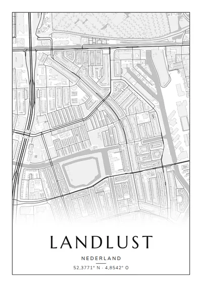 Poster van Amsterdam, de wijk Landlust, stadsposter in de stijl Zwart-wit