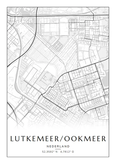 Poster van Amsterdam, de wijk Lutkemeer/Ookmeer, stadsposter in de stijl Zwart-wit