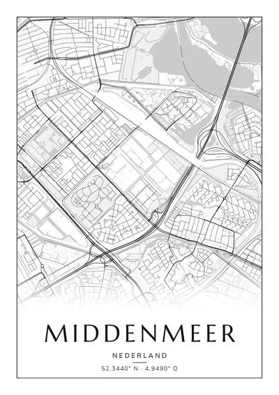 Poster van Amsterdam, de wijk Middenmeer, stadsposter in de stijl Zwart-wit