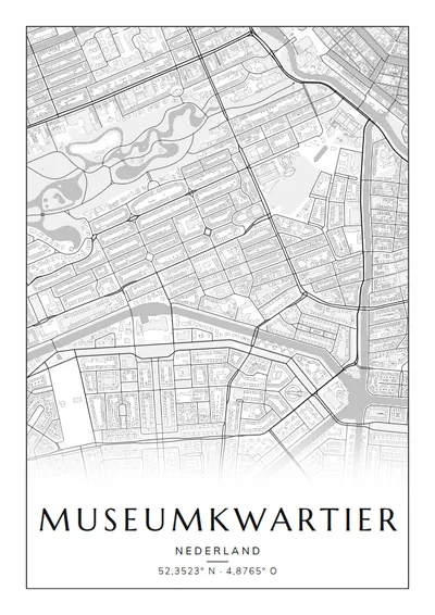 Poster van Amsterdam, de wijk Museumkwartier, stadsposter in de stijl Zwart-wit