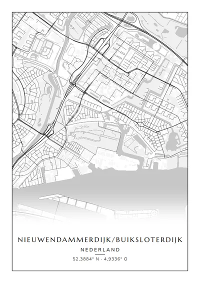 Poster van Amsterdam, de wijk Nieuwendammerdijk/Buiksloterdijk, stadsposter in de stijl Zwart-wit