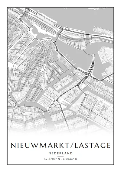 Poster van Amsterdam, de wijk Nieuwmarkt/Lastage, stadsposter in de stijl Zwart-wit