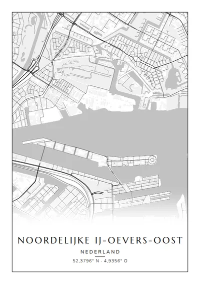 Poster van Amsterdam, de wijk Noordelijke IJ-oevers-Oost, stadsposter in de stijl Zwart-wit