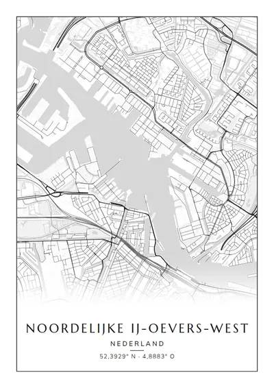 Poster van Amsterdam, de wijk Noordelijke IJ-oevers-West, stadsposter in de stijl Zwart-wit