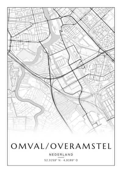 Poster van Amsterdam, de wijk Omval/Overamstel, stadsposter in de stijl Zwart-wit