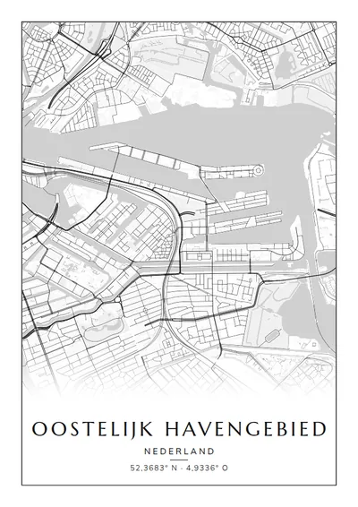 Poster van Amsterdam, de wijk Oostelijk Havengebied, stadsposter in de stijl Zwart-wit