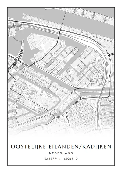 Poster van Amsterdam, de wijk Oostelijke Eilanden/Kadijken, stadsposter in de stijl Zwart-wit