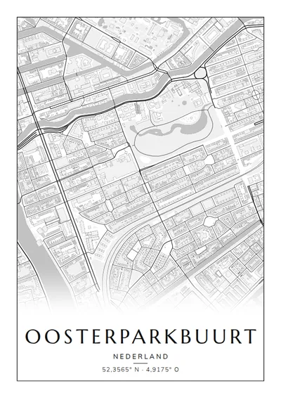 Poster van Amsterdam, de wijk Oosterparkbuurt, stadsposter in de stijl Zwart-wit