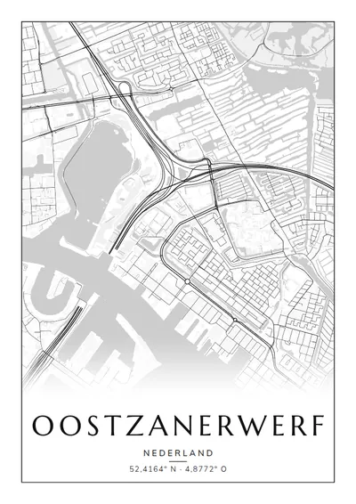 Poster van Amsterdam, de wijk Oostzanerwerf, stadsposter in de stijl Zwart-wit