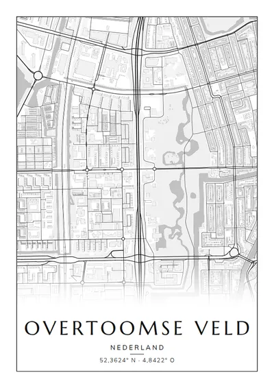Poster van Amsterdam, de wijk Overtoomse Veld, stadsposter in de stijl Zwart-wit