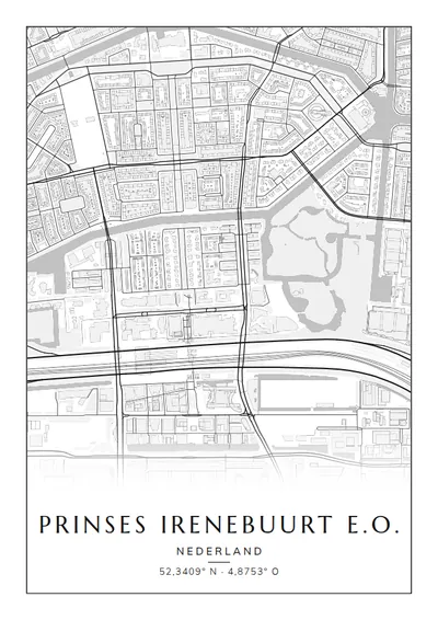 Poster van Amsterdam, de wijk Prinses Irenebuurt e.o., stadsposter in de stijl Zwart-wit
