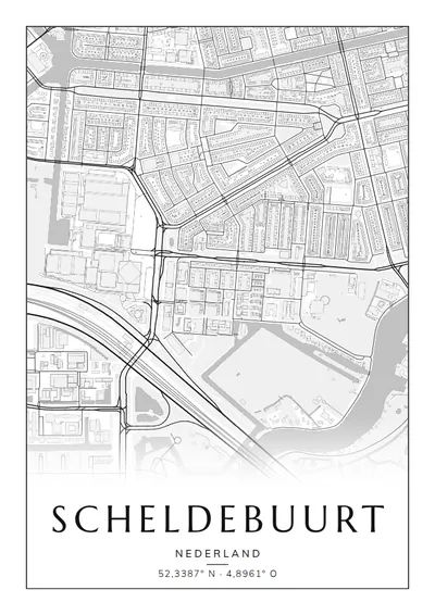 Poster van Amsterdam, de wijk Scheldebuurt, stadsposter in de stijl Zwart-wit