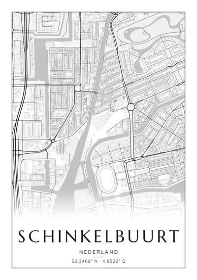 Poster van Amsterdam, de wijk Schinkelbuurt, stadsposter in de stijl Zwart-wit