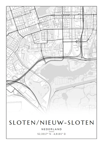 Poster van Amsterdam, de wijk Sloten/Nieuw-Sloten, stadsposter in de stijl Zwart-wit