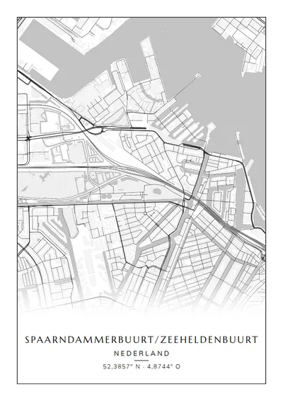 Poster van Amsterdam, de wijk Spaarndammerbuurt/Zeeheldenbuurt, stadsposter in de stijl Zwart-wit