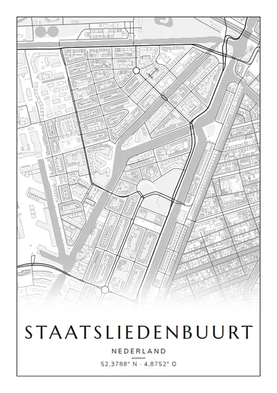 Poster van Amsterdam, de wijk Staatsliedenbuurt, stadsposter in de stijl Zwart-wit
