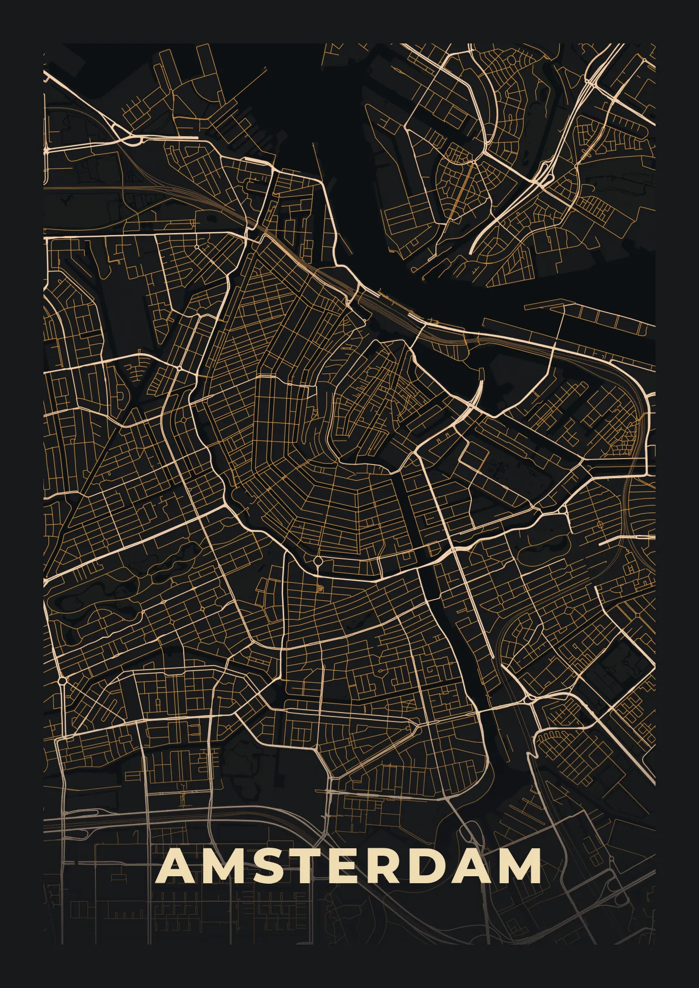Poster van Amsterdam, de hele stad, stadsposter in de stijl Stad bij nacht