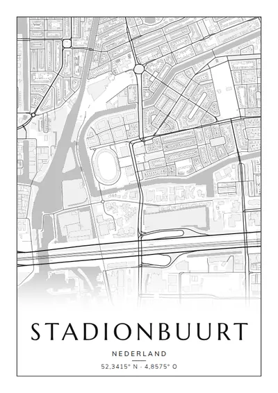 Poster van Amsterdam, de wijk Stadionbuurt, stadsposter in de stijl Zwart-wit
