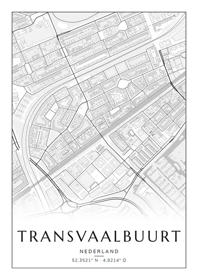 Poster van Amsterdam, de wijk Transvaalbuurt, stadsposter in de stijl Zwart-wit