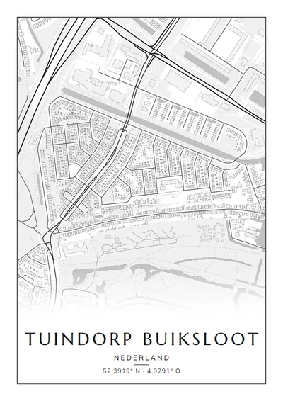 Poster van Amsterdam, de wijk Tuindorp Buiksloot, stadsposter in de stijl Zwart-wit