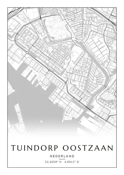 Poster van Amsterdam, de wijk Tuindorp Oostzaan, stadsposter in de stijl Zwart-wit