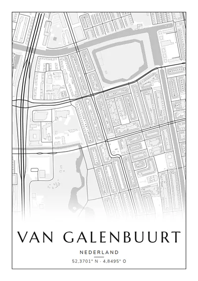 Poster van Amsterdam, de wijk Van Galenbuurt, stadsposter in de stijl Zwart-wit