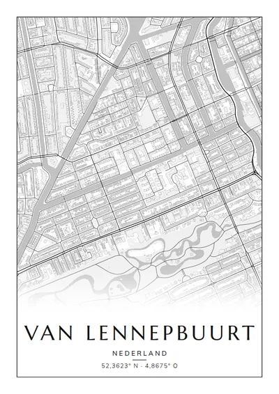 Poster van Amsterdam, de wijk Van Lennepbuurt, stadsposter in de stijl Zwart-wit